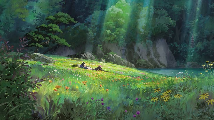 Ghibli-style landscape with person lying in meadow